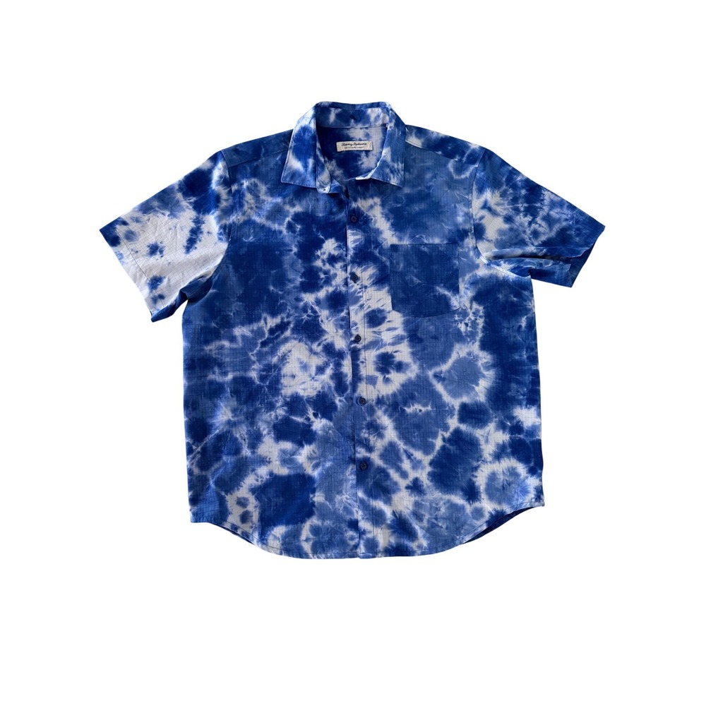 Tommy Bahama IslandZone Mens Large Blue White Tie Dye Short Sleeve Button Shirt